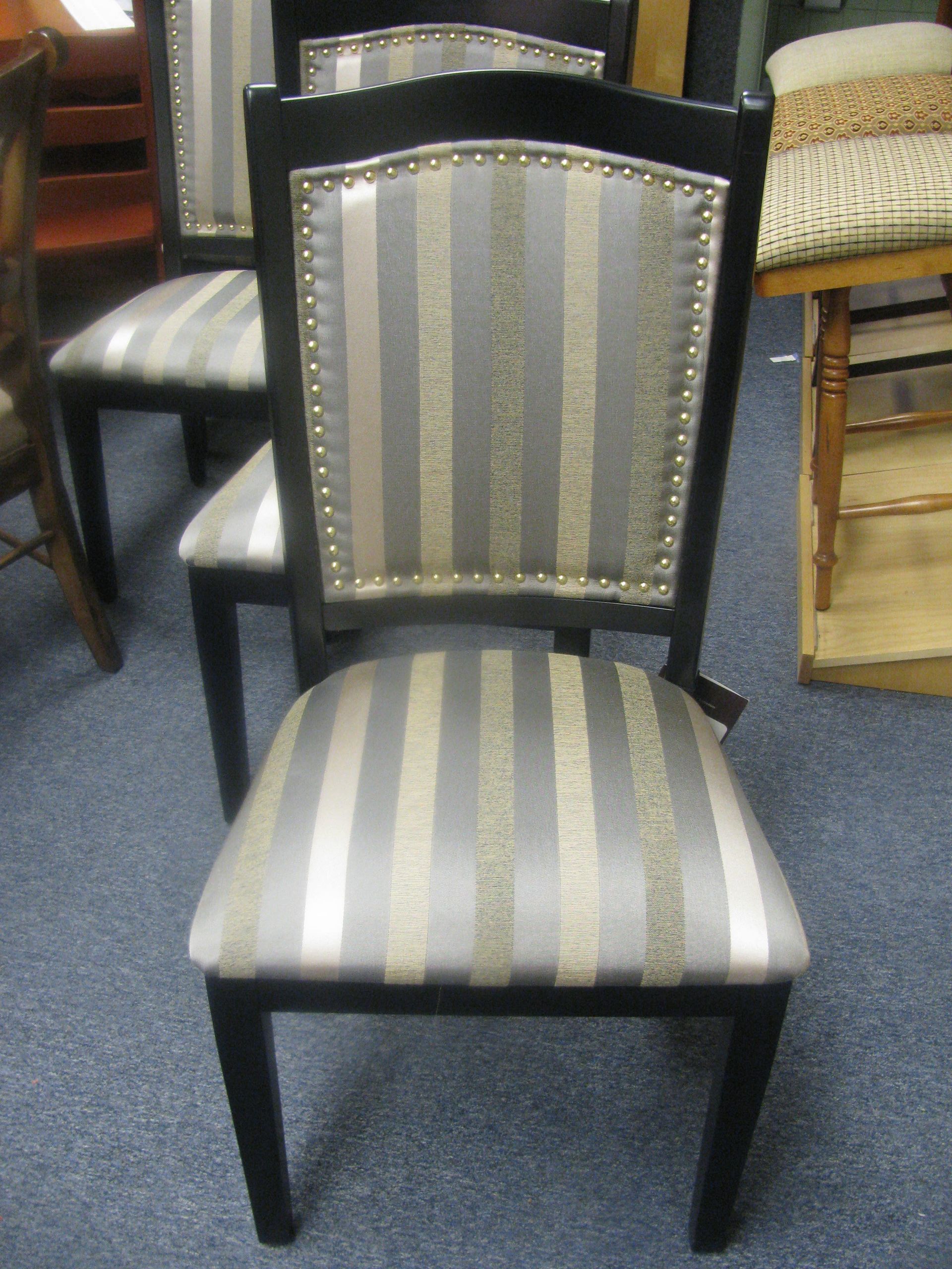 Six chairs only - upholstered seat and back in grey stripe fabric - black frame - nailheads